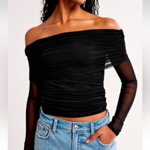 Long-Sleeve Off-the-Shoulder Mesh Top